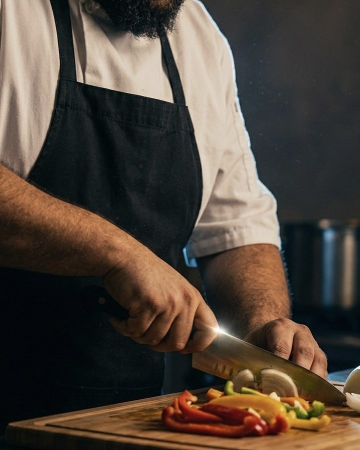 Ramy Elgazar slicing peppers and onion with a chef's knife in his kitchen