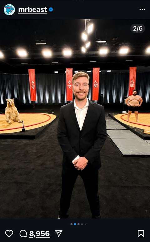MrBeast Instagram post standing in a sumo ring, published to 400 million followers