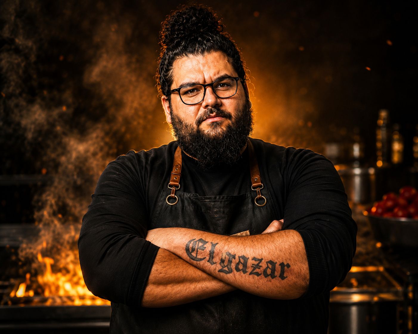 Ramy Elgazar, chef, arms crossed in front of open flames with Elgazar tattooed on his forearm