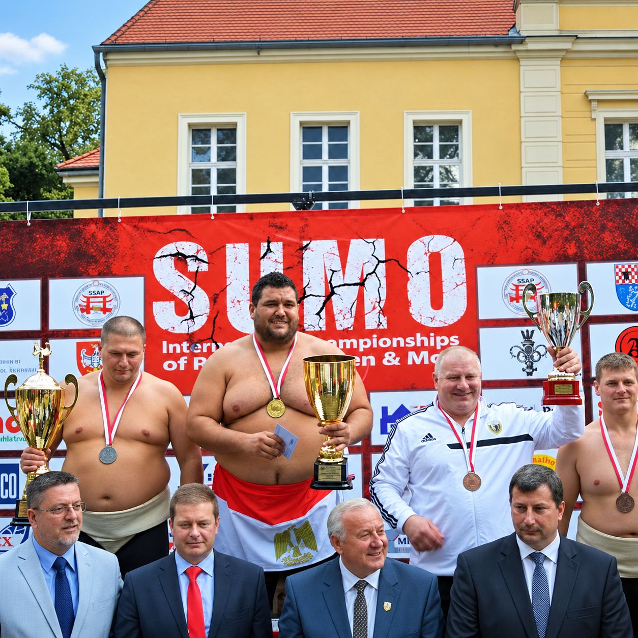 Ramy Elgazar on the podium with the trophy at the 2013 sumo championships in Poland